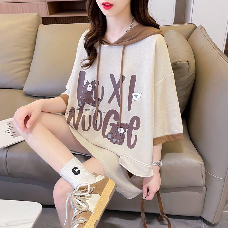Product Introduction of Áo Thun Ngắn Tay Có Mũ Trùm Đầu, Dành Cho Nữ, Phong Cách Hàn Quốc, Dáng Rộng Vừa Vặn, Dễ Phối Đồ Đi Chơi, Màu Tương Phản, Áo Tay Lửng Ngoại Cỡ Thời Trang, Mùa Hè 2024 Hàng Mới Về Women Top Hoodie Cổ Tròn 6