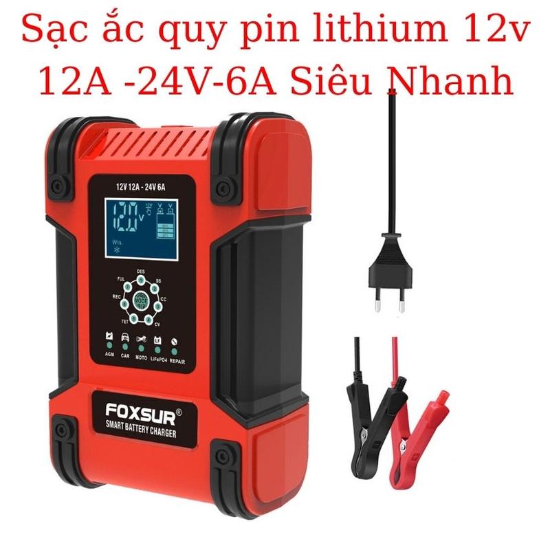 Sạc bình ắc quy ô tô xe máy 12A 12V 24V sạc pin lithium , pin sắt life po4 FOXSUR tự ngắt khi đầy chức năng bảo dưỡng phục hồi ắc quy bằng khử sunfat chống ngược cực