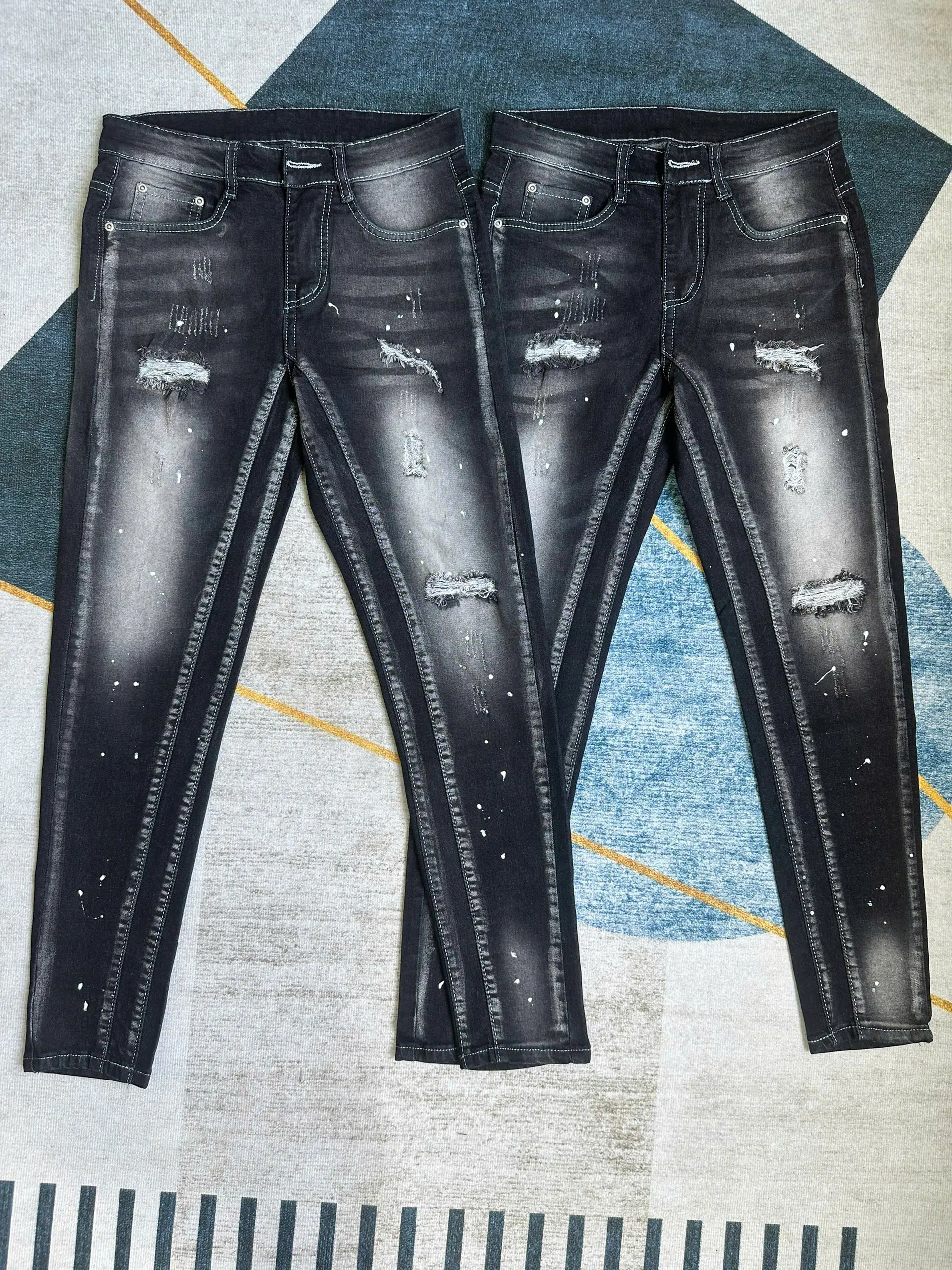 Quần Jeans Nam Đen Dài  Rách Phẩy Sơn Đi Viền , Quần Bò Co Giãn Màu Đẹp Chuẩn Shop Menswear Denim Ong Pants Có Túi