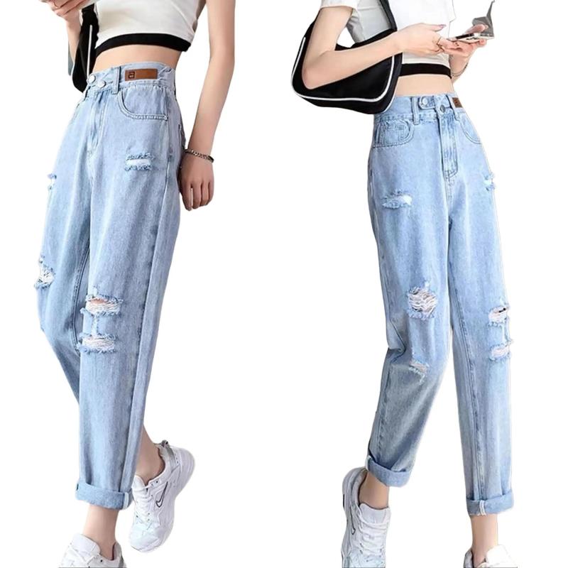 Quần Jean Baggy Nữ BigSize Lưng Cao 2 nút Rách Bụi, Lưng Thun Phong Cách Hàn Quốc, Màu Xanh Đá Rách Đủ Size 0026 Denim Pants Women