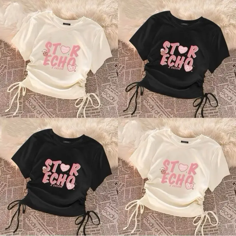 ￼ÁO THUN CROPTOP RÚT DÂY IN CHỮ HỒNG NGỌT NGÀO BOONG STORE  CRR ECHO Nữ