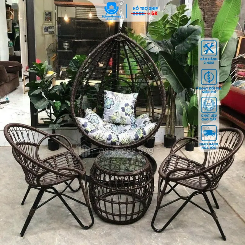 Combo Bàn Ghế & Xích Đu FutureHomes, Chất Liệu Giả Mây, Bền Đẹp Theo Thời Gian, Trang Trí Sân Vườn, Quán Cafe, Ban Công 3