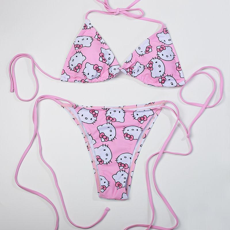 Áo Tắm Bikini, Kitty Cô Gái Dễ Thương, Phong Cách Tam Giác, Màu Hồng, Có Đệm Ngực Có Thể Tháo Rời Thích Hợp Cho Kỳ Nghỉ Bãi Biển, Đồ Bơi 0