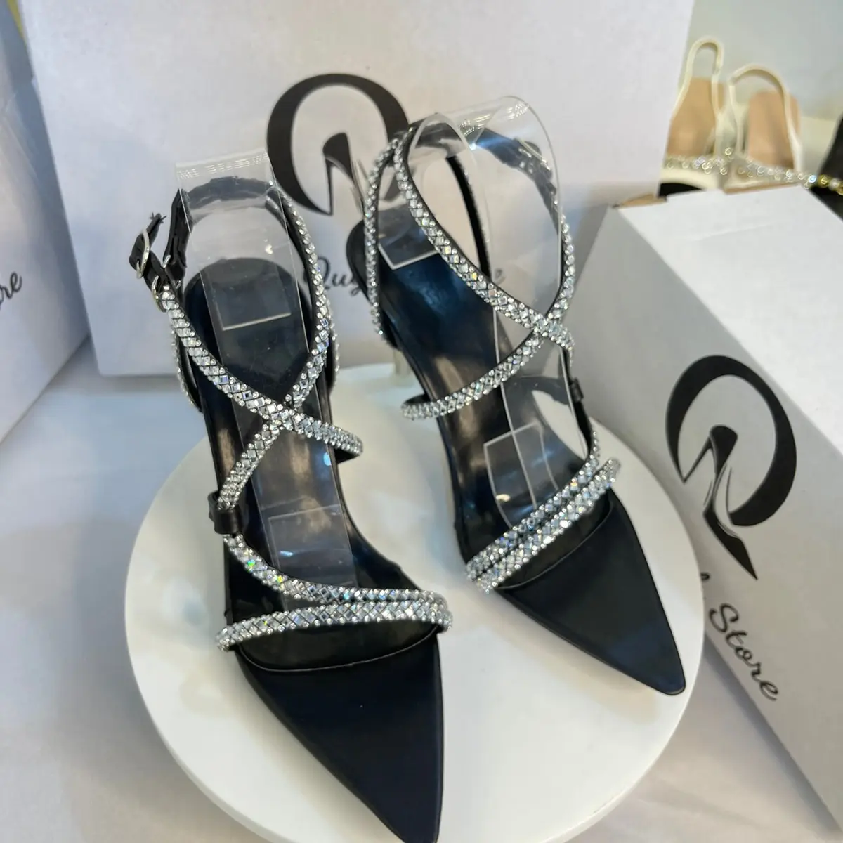 Giày cao gót hoa hậu mũi nhọn dây đính đá cao 9 cm DéP Nữ Shoes
