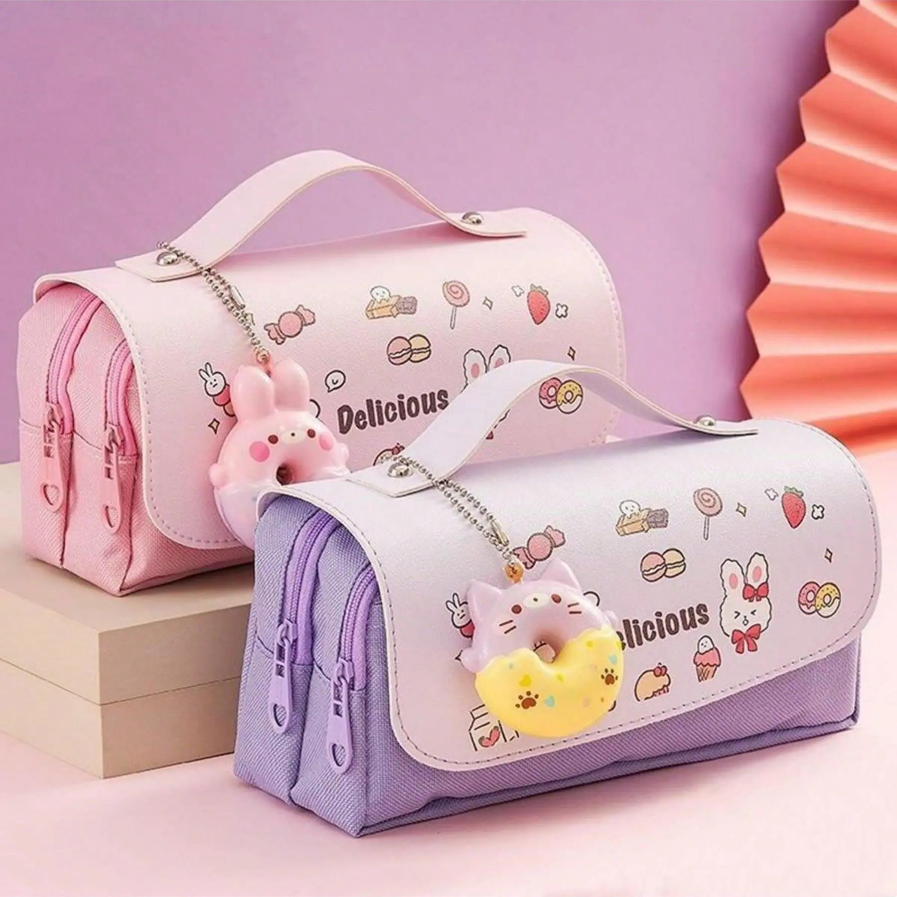 Cute Cartoon Pattern Pencil Case, 1 Count Large Capacity Pencil Bag with Removable Donut & Zipper, Stationery Storage Bag for Office School Student