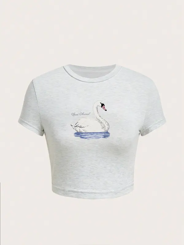 Women's Y2K Swan & Letter Graphic Round Neck Crop Tee, Casual Short Sleeve Crew Neck T-Shirt for Daily Wear, Ladies Clothes for All Seasons 2