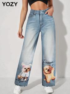 YOZY Women's Dog & Denim-Effect Print Straight Leg Pants, Fashion Casual Pocket Button Fly Trousers for Daily Wear, Ladies Bottoms for All Seasons
