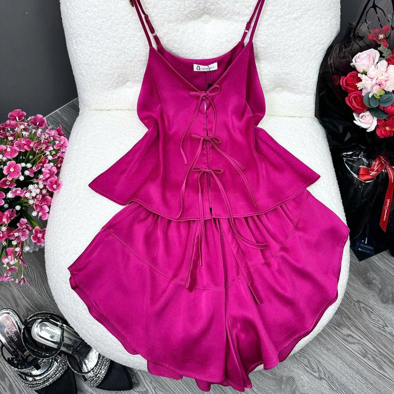 Bigsize 40Kg - 90Kg Đồ Ngủ Nữ Đồ Bộ Nữ Đồ Mặc Nhà Đồ Ngủ Xinh. Áo 2 Dây Phía Trước Cột Dây. Quần Đùi Vải Lụa Latin Cao Cấp. Women Cute Pijama