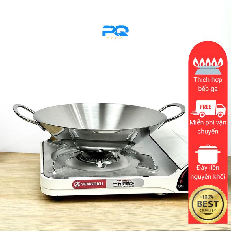 Chảo inox 304 chockmen 2 quai không nắp chiên rán xào đáy tròn thép 3 lớp 18/10