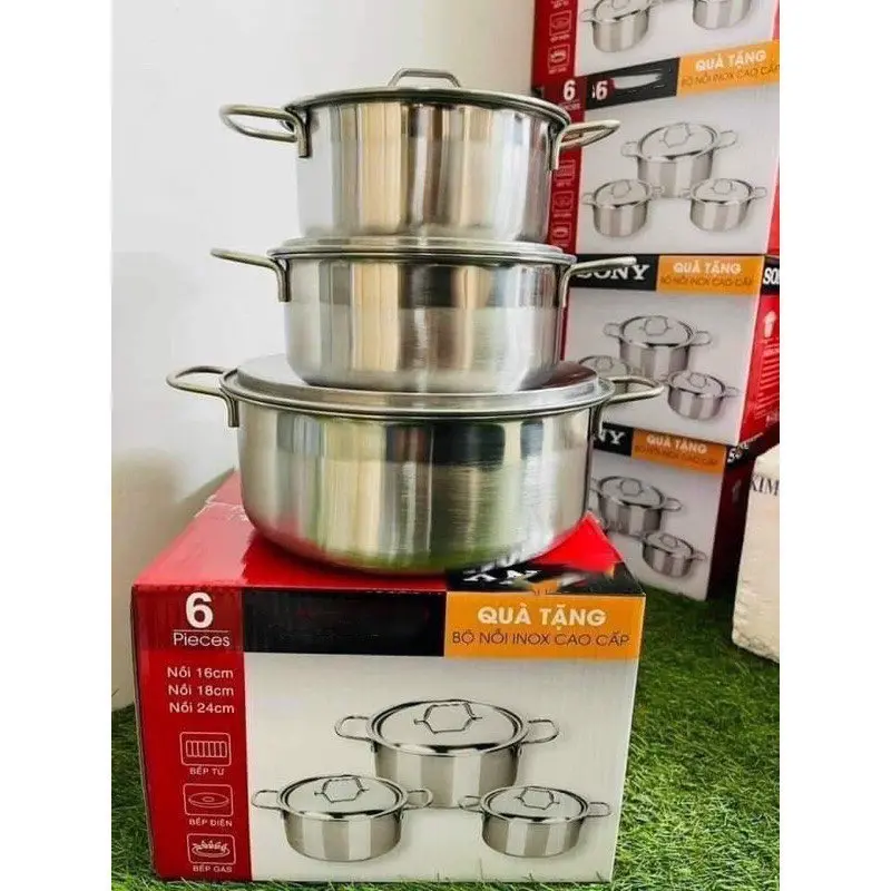 Bộ 3 nồi inox s0ny cao cấp 1 lớp inox 430 sáng bóng dùng được nhiều loại bếp kể cả bếp từ 1