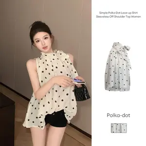 Kemeja Tanpa Lengan Motif Polkadot Sederhana dengan Tali Pengikat, Atasan Wanita Musim Panas dengan Leher Gantung