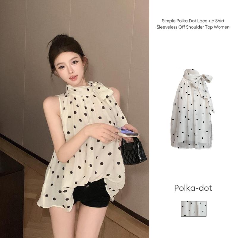 Kemeja Tanpa Lengan Motif Polkadot Sederhana dengan Tali Pengikat, Atasan Wanita Musim Panas dengan Leher Gantung Kemeja Tanpa Lengan Motif Polkadot Sederhana dengan Tali Pengikat, Atasan Wanita Musim Panas dengan Leher Gantung