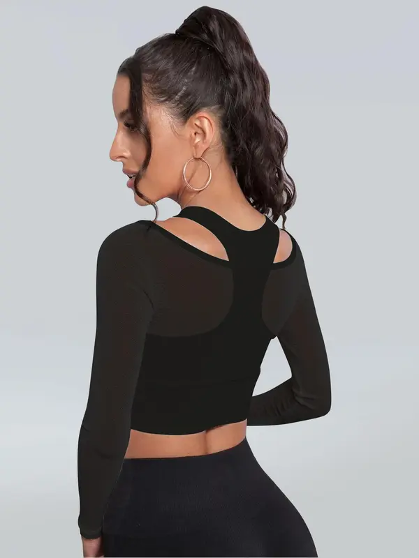 Women's Solid Color Sports Top, Sporty Long Sleeve Crop Top with Removable Chest Pad, Ladies Sportswear for Indoor Outdoor Wear 1