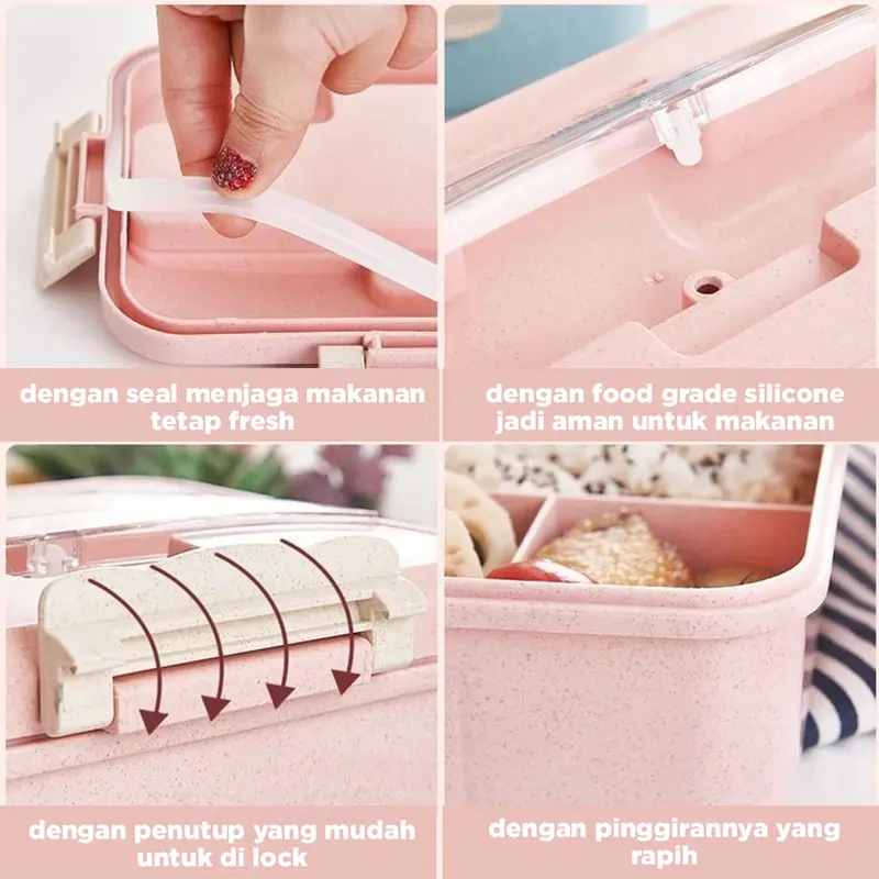 LUNCH BOX SET KOTAK BEKAL MAKAN JERAMI GANDUM KOTAK MAKAN ​1000ML 4-IN-1 FREE SENDOK TEMPAT MAKAN Buah Peralatan Silikon Biru 1