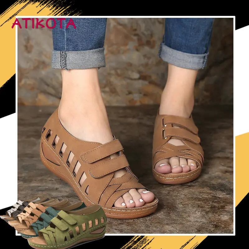 Atikota women cross belt breathable sandal non-slip wedge heel casual sandals pure color