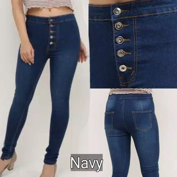 CELANA WANITA BOYFRIEND JEANS KANCING 5 / CELANA JEANS WANITA / HW Kancing 5 ysf.jeans Nyaman Soft Stretch Panjang Navy Variasi 2