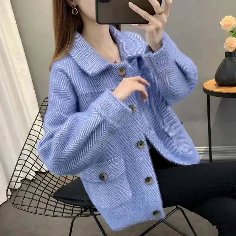 Áo Khoác Ngắn Len Giống Lông Chồn, Dành Cho Nữ, Áo Cỡ Nhỏ Phong Cách Hàn Quốc, Dễ Phối Đồ Áo Khoác Lông Chồn Vàng, Trang Phục Nữ Mùa Thu Đông, Năm 2024 2