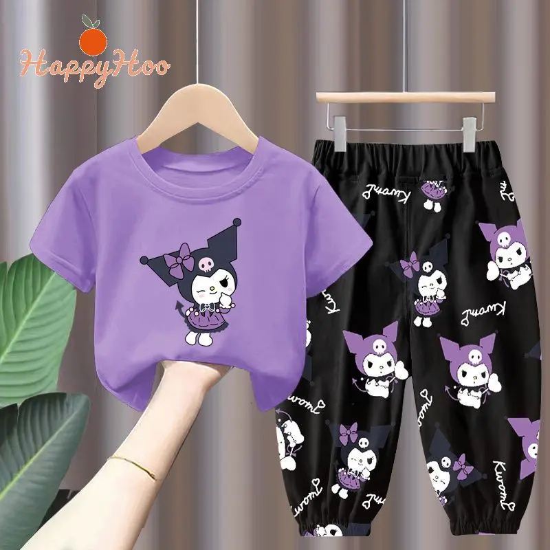 HYO Girls' set Kuromi kids outfit, Kuromi suit, girls' t-shirt + full printed pants Full printed pants set for girls 2-12 years old.