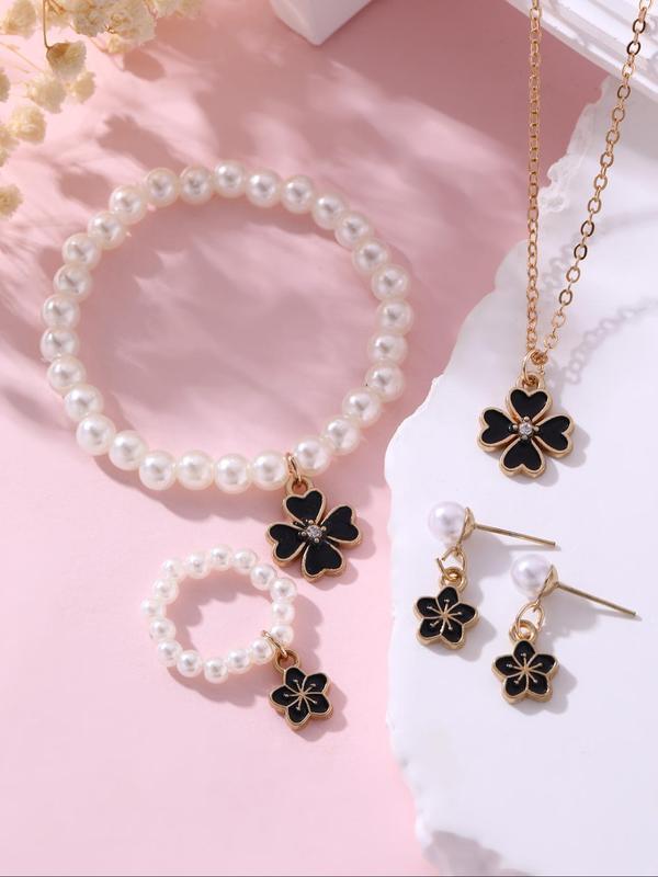 Cute Four-leaf Clover Design Faux Pearl Decorated Jewelry Set, Fashion Necklace Earrings Ring Bracelet for Girls, Trendy All-match & Exquisite Jewelry for Birthday Gift 4