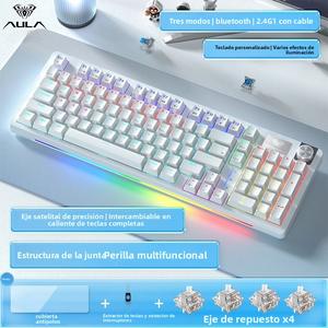 Teclado Mecánico para Juegos AULA S98| 3 modos (Bluetooth / 2.4G / Con cable)| Teclado completo intercambiable en caliente + estructura de junta + perilla multifuncional iluminación RGB| Adecuado tanto para juegos como para trabajo/oficina/estudio.