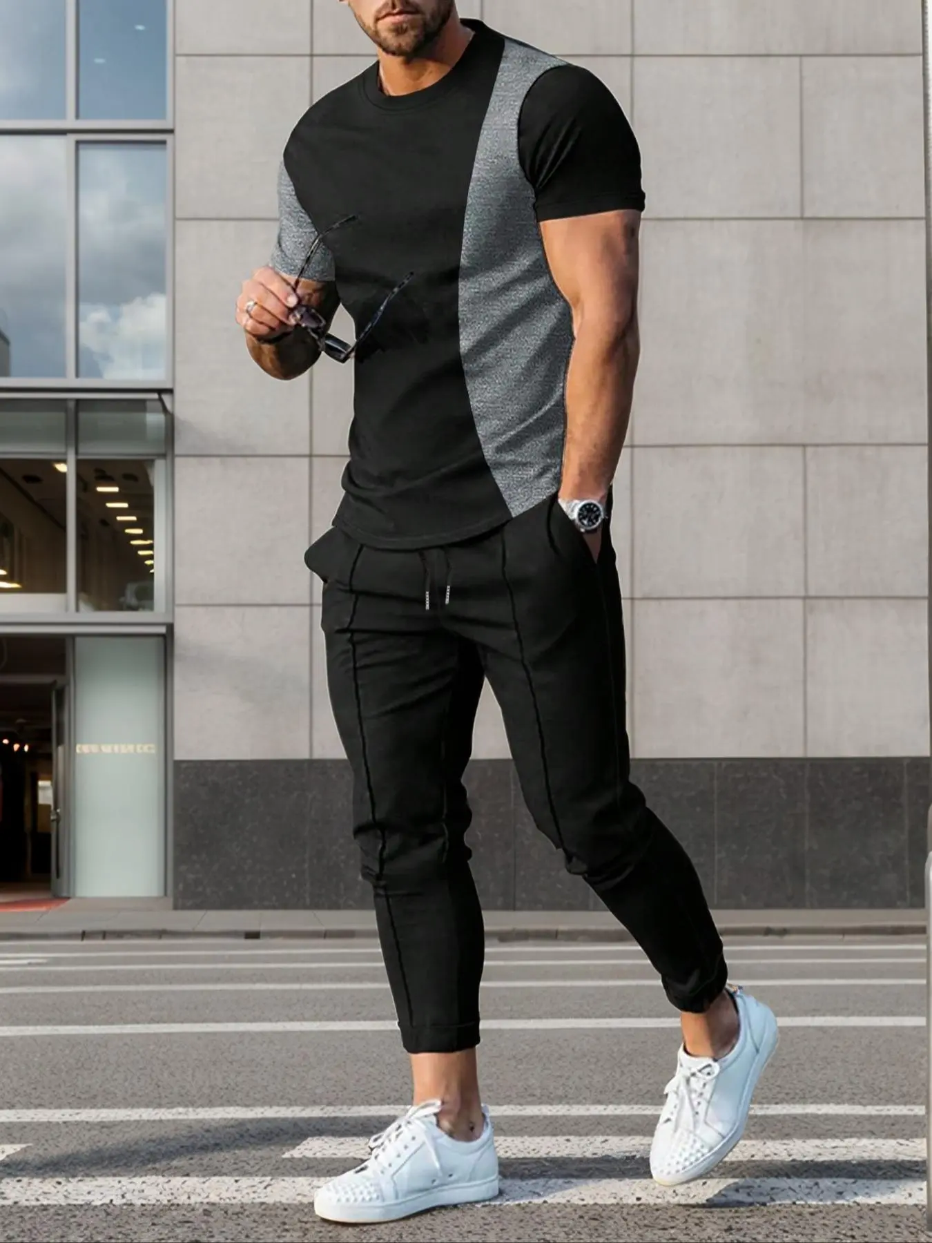 Men's Colorblock Crew Neck Tee & Solid Drawstring Waist Pants Set, Regular Fit Casual Comfy Short Sleeve Round Neck T-shirt & Pocket Jogger Pants, Men's Summer Clothes