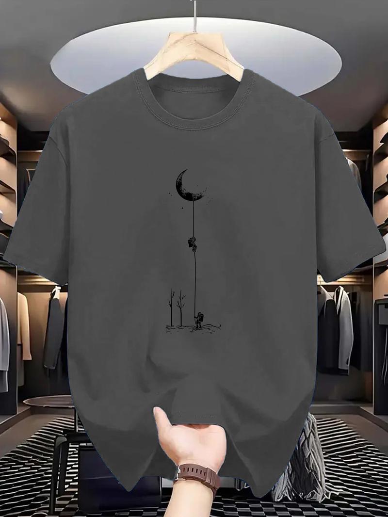 Product Introduction of Men's Moon Landing Graphic T-Shirt - Comfortable & Stretchy, Perfect for Summer Outdoor Activities | Street Casual Style with Round Neck in Black, Burgundy, Dark Green, Blue, Grey Customized Photo T-shirt 6