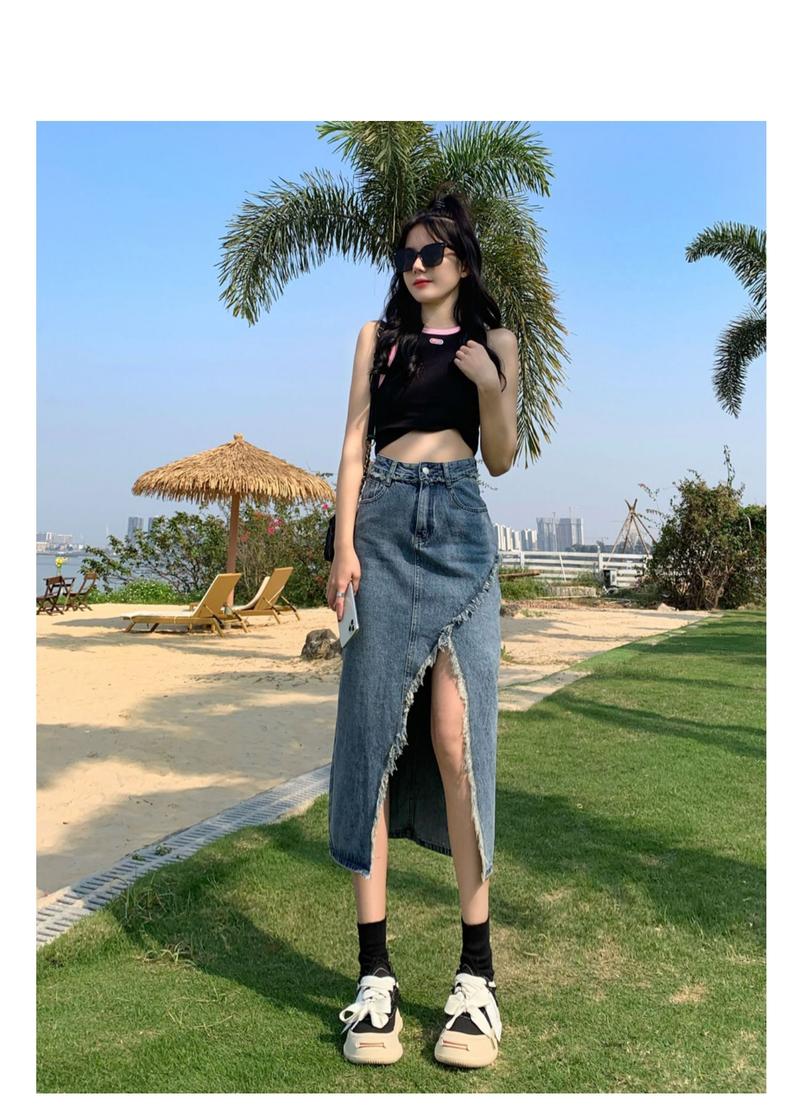 Product Introduction of Tassel denim mid-length spring and autumn 2023 new style raw edge high waist slimming fashionable all-match trendy long skirt 12