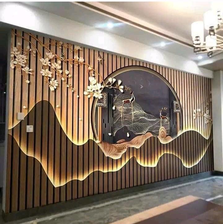 Tranh lụa dán tường 3d khổ lớn hoa văn tân cổ điển trang tri phòng khách Decor Tường