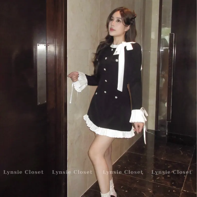 [Cici Dress] Váy đính nơ cổ chiết eo dáng xoè phối li (Ảnh thật shop chụp) 4