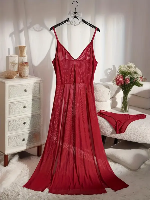 Plus Size 2pcs Sexy Sheer Split Thigh High Waist Cami Dress & Panty Set, Solid Spaghetti Strap Long Dress & Panty, Women's Two-piece Wear for All Seasons 6