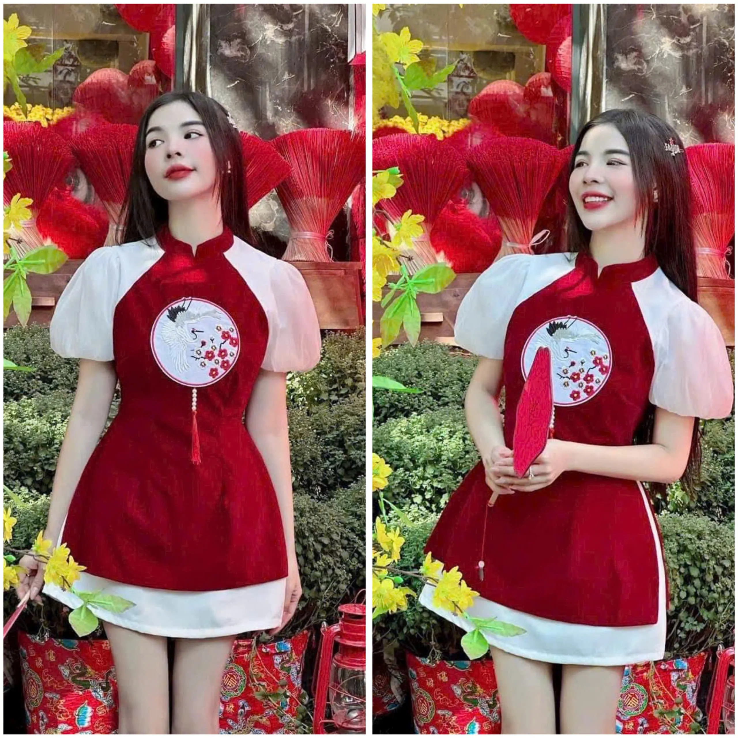 Sét đồ nữ mặc tết (áo/chân váy) áo nhung cổ trụ phối tay voan bồng kèm chân váy chữ A dáng ngắn Women Top