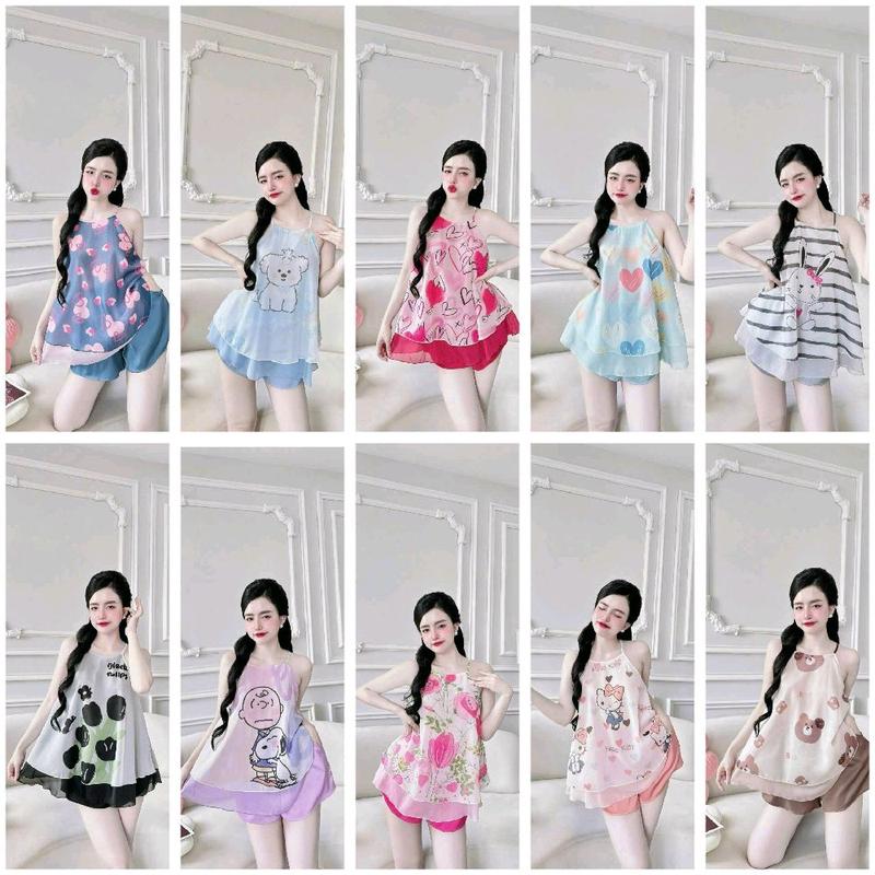 40_60 kg, Sét bộ áo yếm quần đùi có túi , chất liệu voan tơ hình in phối chất liệu latin,  ( loại đẹp)