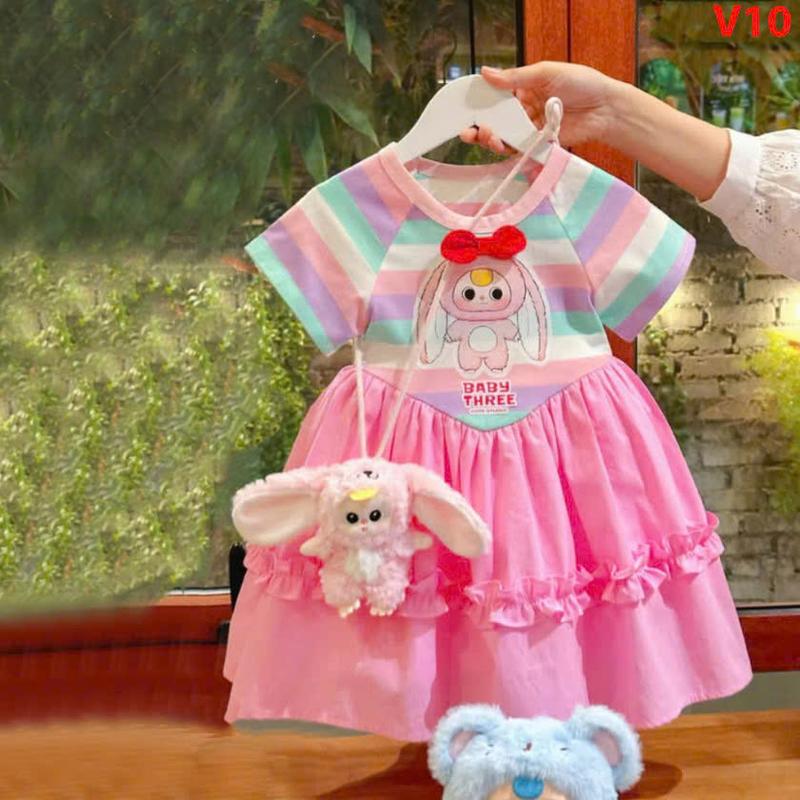 10- 30 kg Váy bé gái hoạ tiết baby three hot hít tay bào. 2màu tím hồng, đầm cho bé gái dáng xuông váy nhung 1