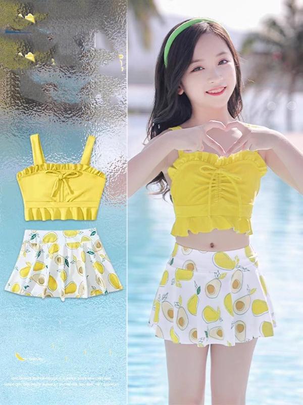 Bộ bơi họa tiết quả bơ cho bé gái gồm áo 2 dây và quần giả váy - Đủ size 20-45kg 1