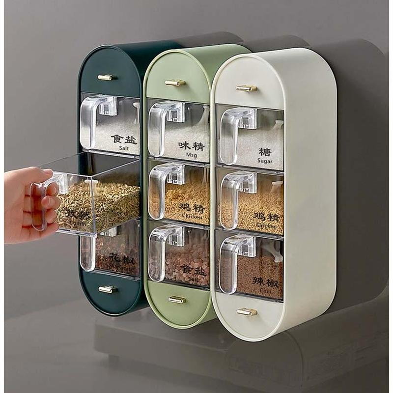 Creative and Convenient Kitchen Sugar and Salt Shaker Seasoning Container Box Household Wall-mounted Perforation-free Combination Shelf Storage Rack Spice Utensils Seasoning Box 2