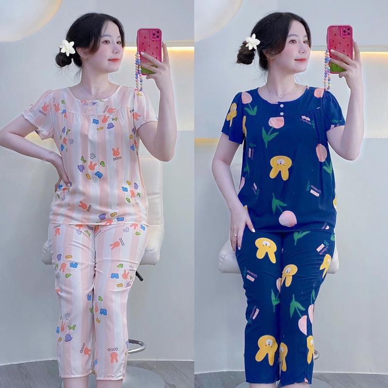 KA77 - Size 3XL (75-80kg) Đồ Bộ Tole Lanh Nữ Áo Tay Ngắn Cổ Tròn 2 Nút Quần 9 Tấc Top 0