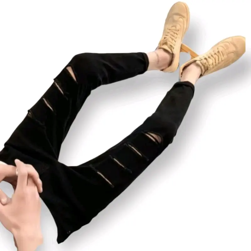 Celana jeans sobek lutut pria slimfit super skinny hitam Slim-fitting Lembut Soft
