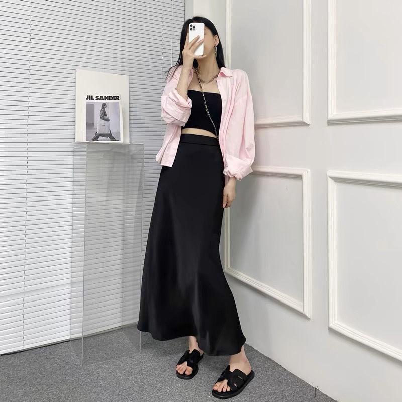 Chân Váy Midi, Xếp Nếp, Dành Cho Phụ Nữ, Phong Cách Mới, Mỏng Vừa Vặn, Eo Co Giãn, Chân Váy Chữ A Dễ Phối Đồ 2