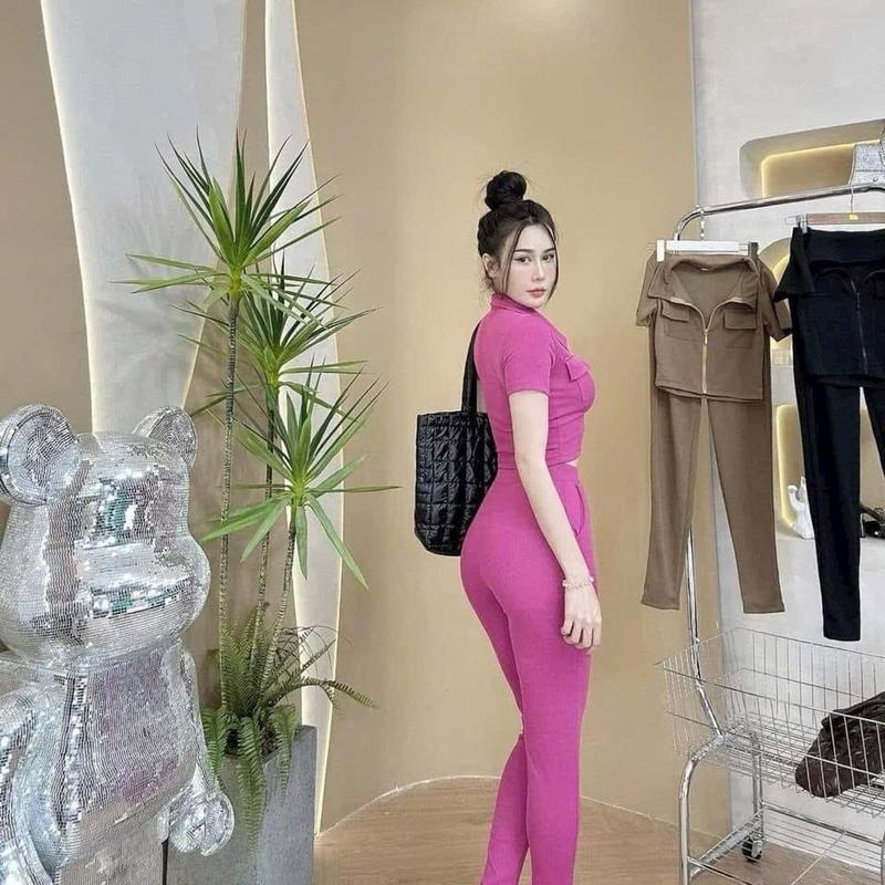 Sét bộ Nữ thun tăm lạnh co giãn dày dặn, Áo túi nắp crop top cổ trụ khoá kéo , quần lưng siêu cao có túi Women 1