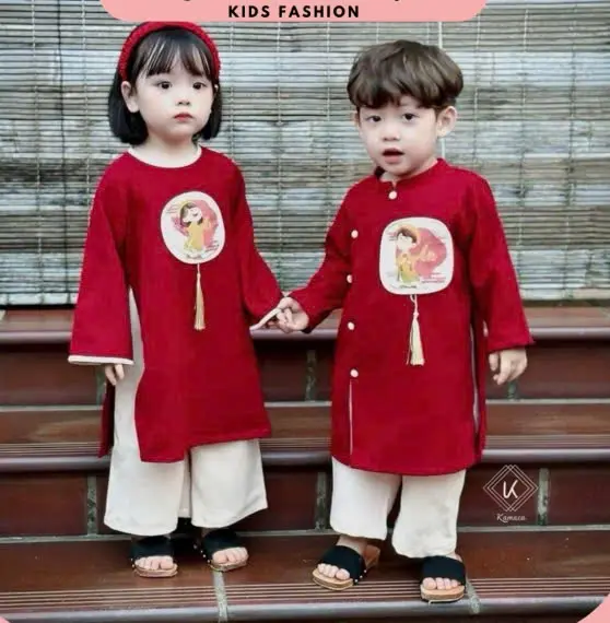 Bộ Áo Dài Cách Tân Cho Bé Gái Kèm Tua Rua, Áo Dài Cho Bé Từ 8-20kg [ Chữ An ] 2