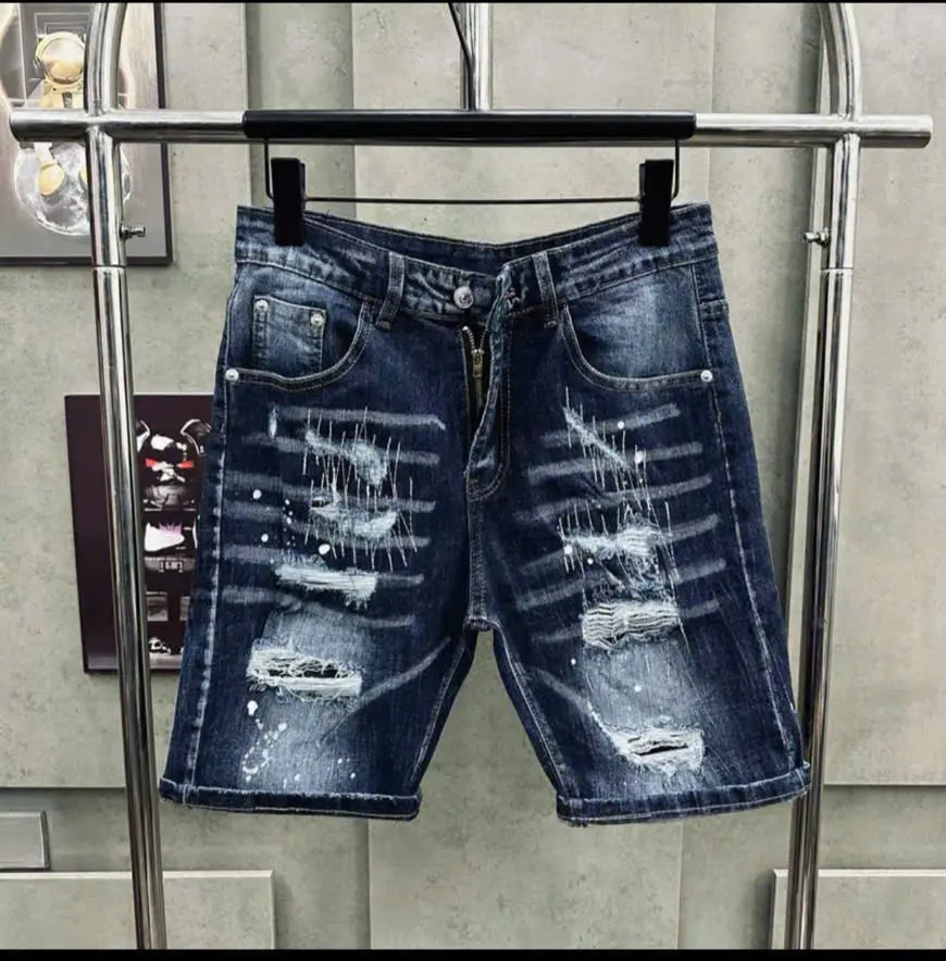 Quần short jean nam Xanh loang xước nhẹ chất vải jean co giãn phối vẩy sơn phong cách chuẩn form cao cấp