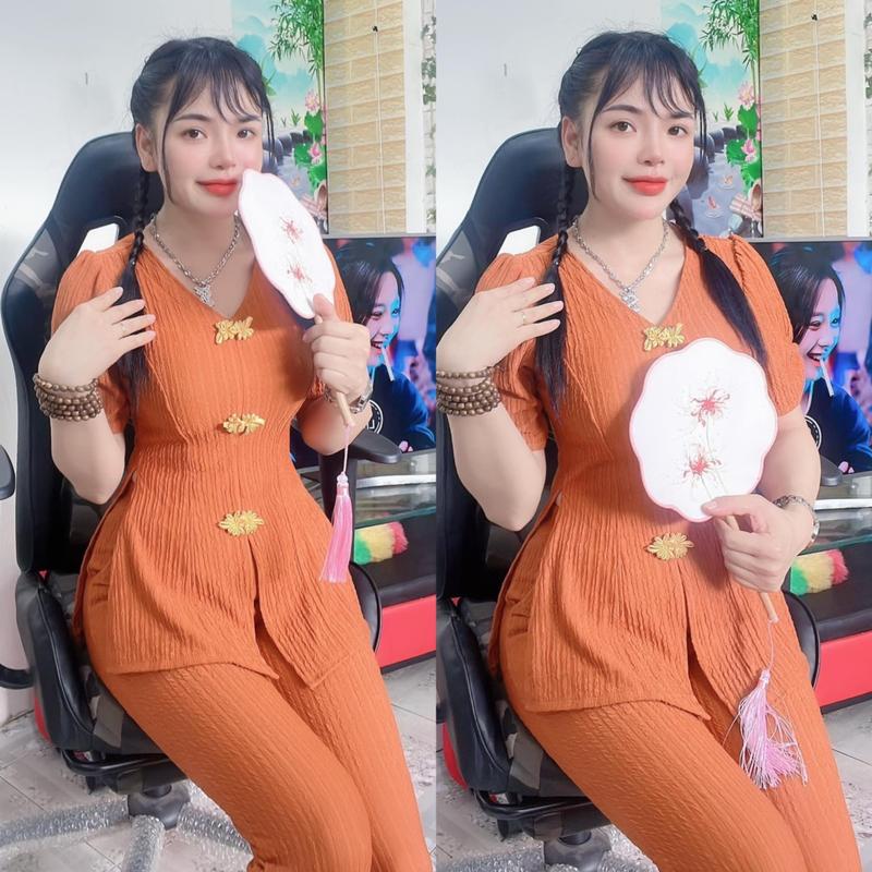 TH36- SÉT ĐỒ BỘ BÀ BA - ÁO PHỐI NÚT TÀU, CÓ XẺ TÀ - QUẦN DÀI ỐNG ÔM Nhung Nữ Nhung Nữ Women Thun Top