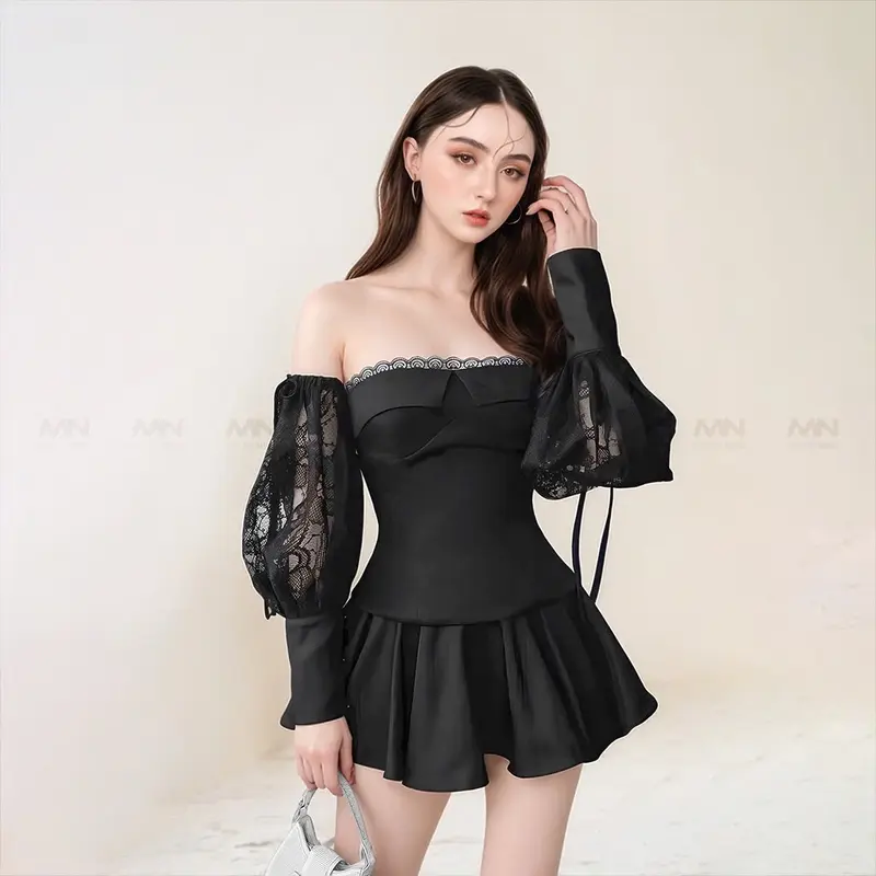 Set váy trễ vai ( 2 món) MINA thiết kế dáng xoè mini màu đen chất liệu Cotton phối Ren dự tiệc - MN297 Women Dress Nữ 5