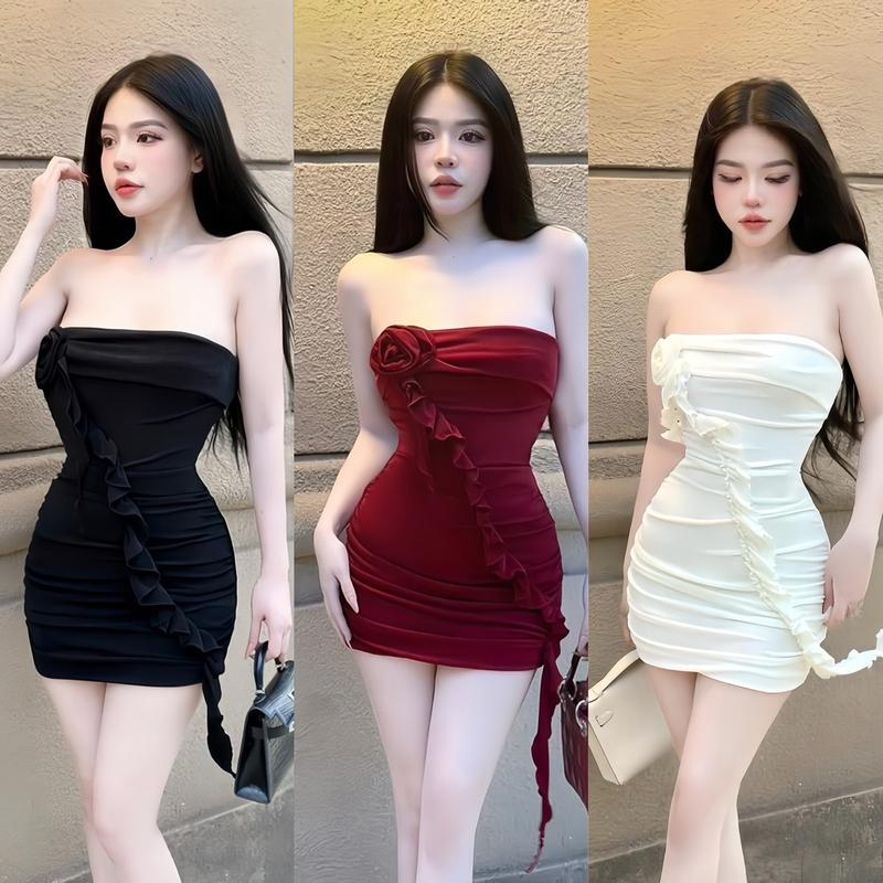 Đầm Ống Thun Lazong Đính Hoa 1 Bên - Viền Tua Rua Dài Chéo Thân - Ngắn Ôm Body Sexy Nữ Women Dress Nhung váy trễ vai