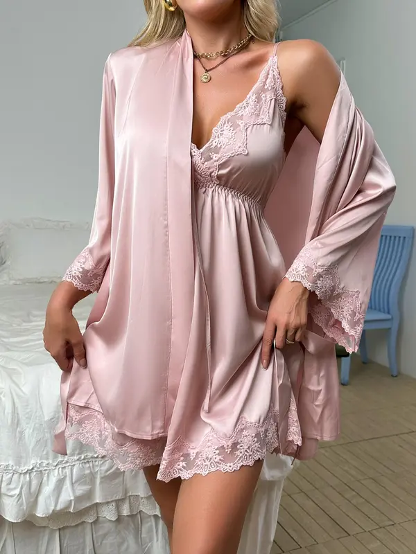 Women's Plain Contrast Lace Pyjama Set, Elegant Cami Nightdress & Belted Lounge Robe, Fashion Summer Clothes Women, Womens Clothes, Ladies Sleepwear & Loungewear, Pajama Sets Women, Women's Clothes 6