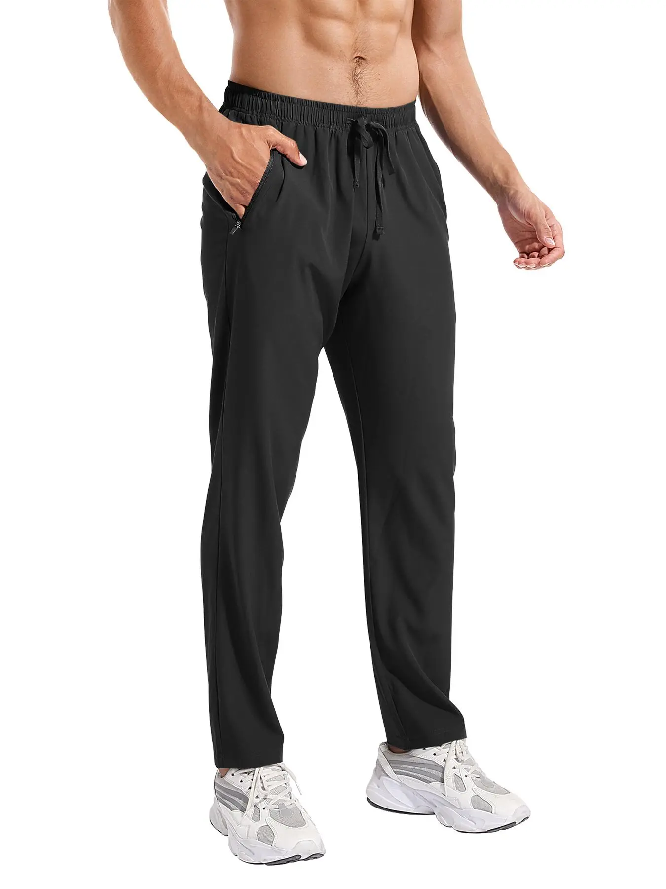 Men's Solid Drawstring Waist Zipper Pocket Joggers, Regular Fit Casual Quick Drying Breathable Trousers for Gym Workout Running, Men's Sportswear for All Seasons, Cuffed Sweatpants