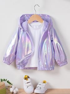 Toddler Girl's Holographic Zip Up Hooded Jacket, Fashion Long Sleeve Zipper Shiny Outerwear for Spring & Fall, Casual Kid's Clothes for Daily Wear