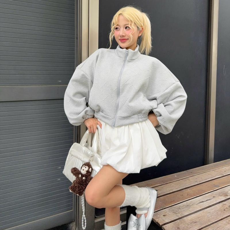 Calem Club - Áo khoác Hoodie Zip Croptop vải Xốp lót dù tay phồng áo khoác mùa đông dây kéo 2 đầu form rộng freesize áo khoác mùa đông