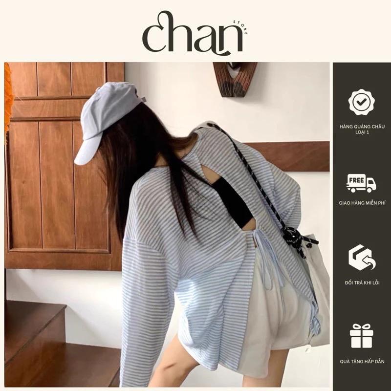 Áo thun giấy tay dài phối sọc xanh hở lưng form rộng phong cách hàn quốc M401