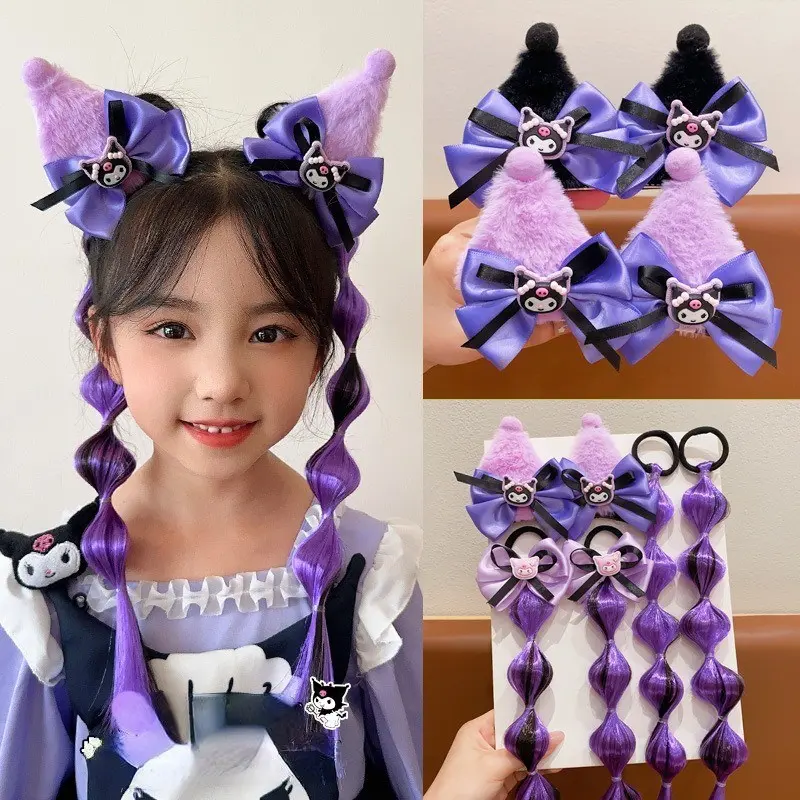 Sanrio Bows Headbands Princess Hair Bands Ties Girls Colorful Wigs Kuromi Ponytail Hair Clips Headwear Braid Kids Gift Accessories